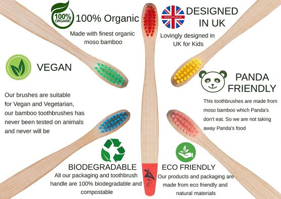 Kids Bamboo Toothbrushes | Organic & Eco-Friendly | 5 Pack in Rainbow Colours | Soft & Gentle BPA-Free Bristles | Children’s Natural Wooden Toothbrush | Biodegradable | Plastic-Free Packaging - Image 3