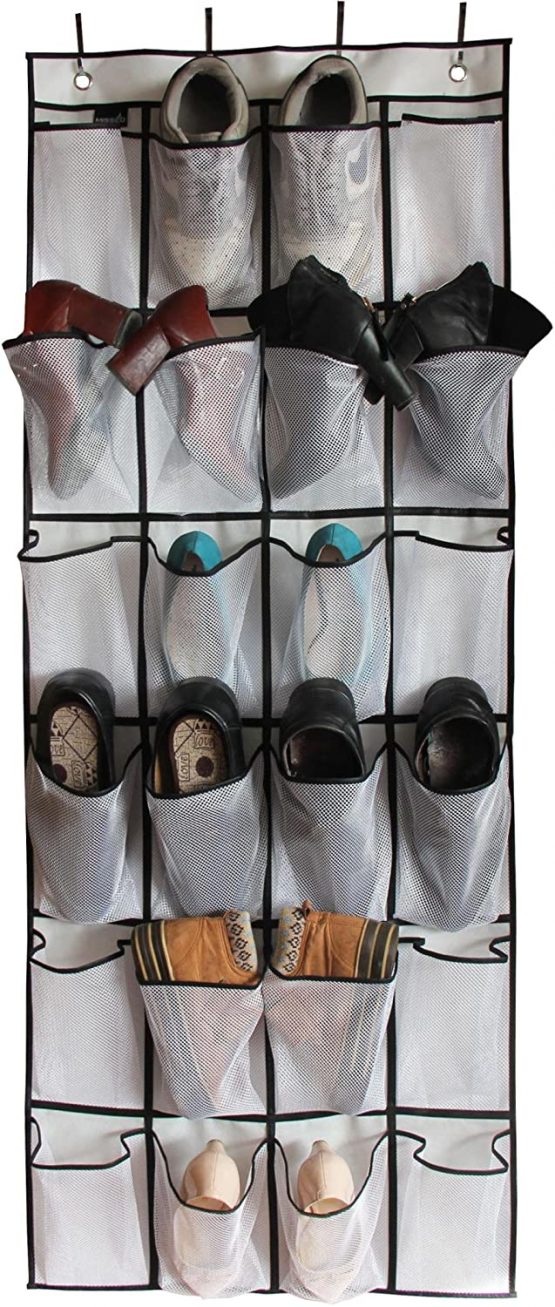 MISSLO Over the Door Shoe Storage Organiser Hanging Shoe Rack Holder 24 Large Mesh Pockets for Wardrobe Door Tidy with Hanger(White) - Image 2
