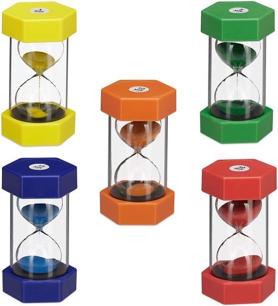 Relaxdays XXL Set of 5 Hourglasses, Sandglass for Children,1/5/10/15/30 Minutes, Break-Proof, Colourful
