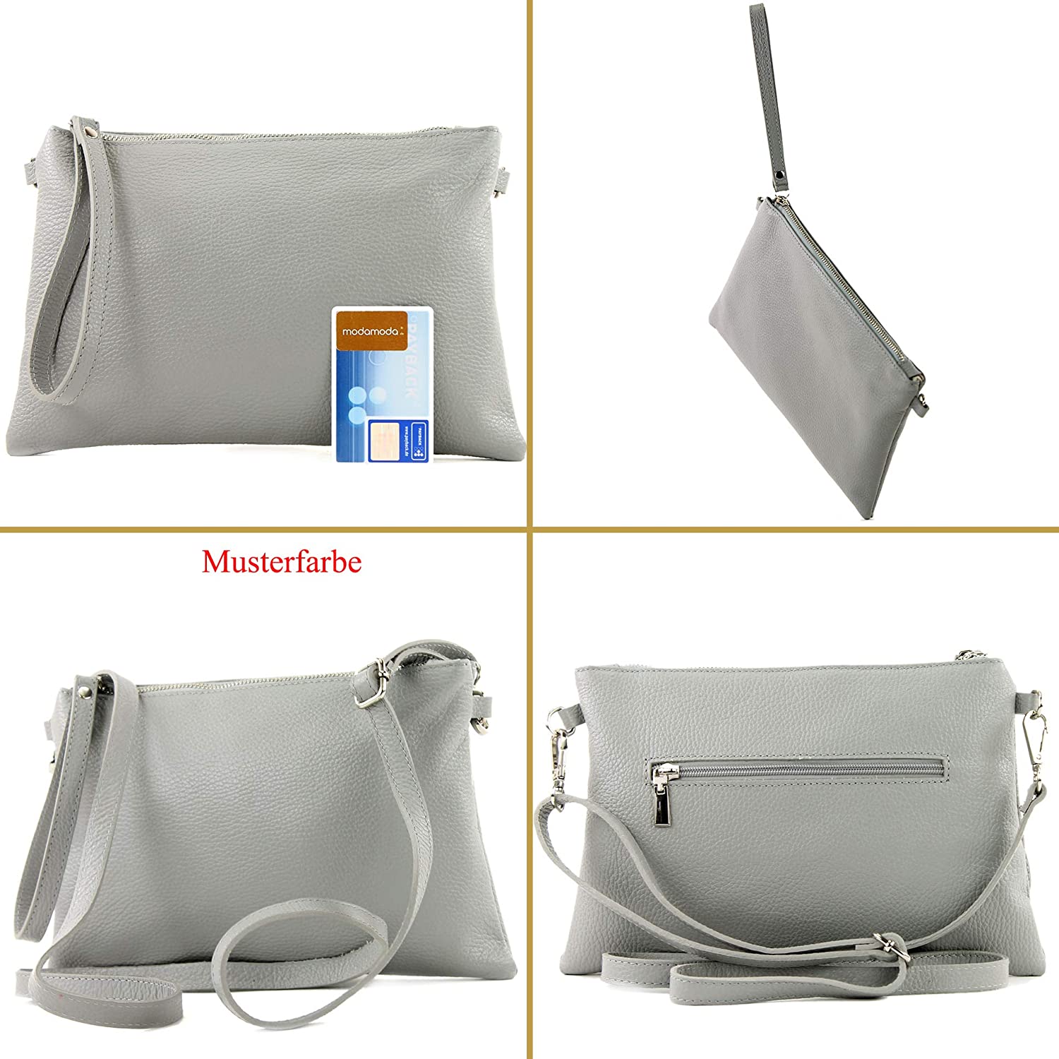 modamoda de - T186 - Italian Clutch/Shoulder Bag Leather Medium, Colour:Mustard Yellow - Image 2