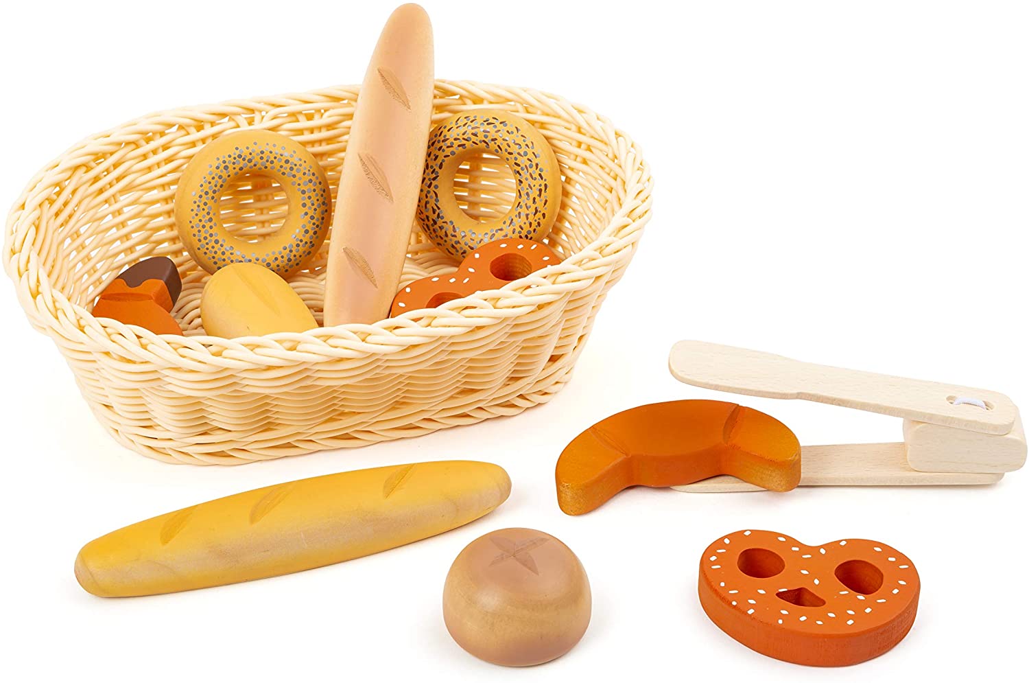 Small Foot 11444 Breadbasket Set Fresh, Made of Wood, with Baked Goods Tongs, Role-Playing Toy