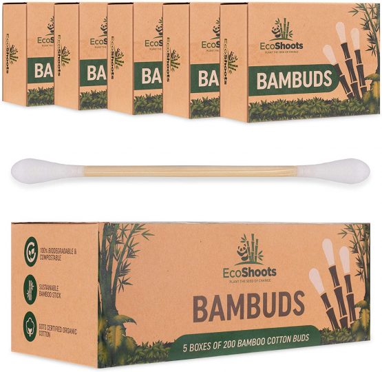 EcoShoots 1000 Bamboo Cotton Buds | Value Pack of 5x200 Organic Bambuds | Recycled Plastic Free Packaging | GOTS Certified Organic Bamboo Earbuds | Biodegradable & Compostable