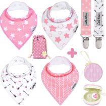 Dodo Babies Baby Bandana Drool Bib Set - 4pc Infant Bibs with 2 Pacifier Clips, Binky Case, Gift-Ready Bag - Soft Absorbent Cotton with Polyester Back - Adjustable Buttons to Fit 3-24 -Month Old Girls