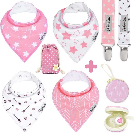Dodo Babies Baby Bandana Drool Bib Set - 4pc Infant Bibs with 2 Pacifier Clips, Binky Case, Gift-Ready Bag - Soft Absorbent Cotton with Polyester Back - Adjustable Buttons to Fit 3-24 -Month Old Girls
