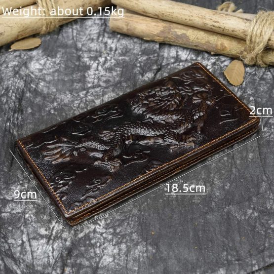 Mens Genuine Leather Travel Long Bifold Wallet with Chain Biker Wallet Vintage Chain Wallet with Zipper Pocket (Embossed Dragon) - Image 2