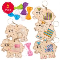 Baker Ross AT468 Fluffy Sheep Wooden Cross Stitch Keyring Kits - Pack of 5, Introduction to Sewing, Wooden Templates with Bright Coloured Wool for Craft Key Chains