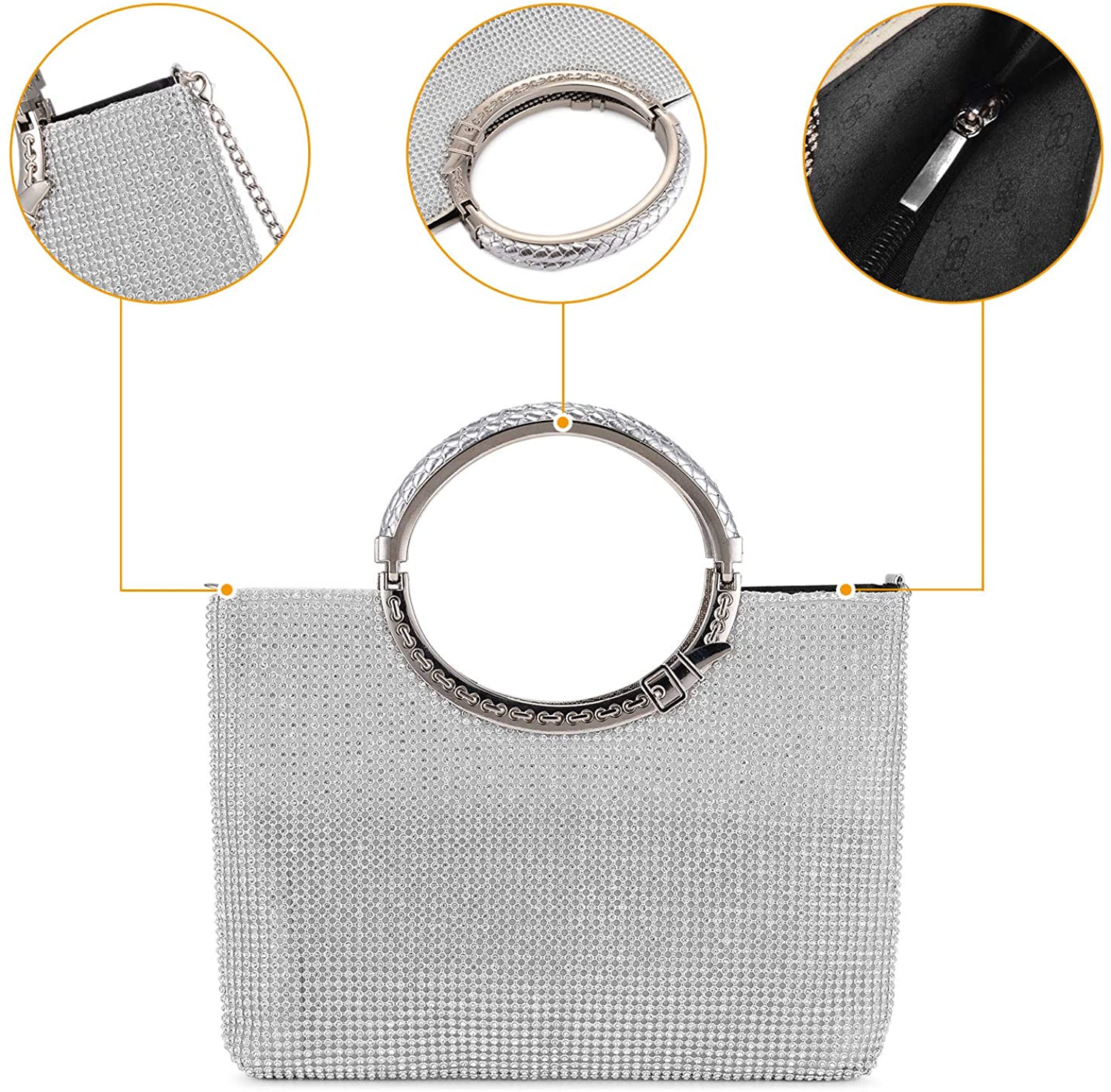 BAIGIO Women Evening Clutch Bags Fashion Rhinestone Encrusted Top Handle Clutch Prom Wedding Evening Bag Ladies Handbag for Party Wedding Prom (Silver) - Image 4