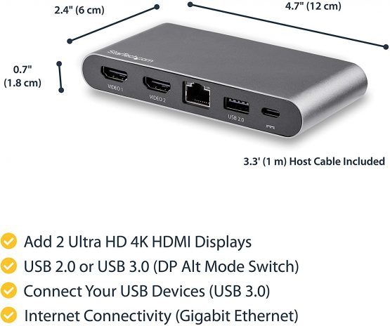StarTech USB C Dock - 4K Dual Monitor HDMI Display - Mini Laptop Docking Station - 100W Power Delivery Passthrough - GbE, 2-Port USB-A Hub - USB Type-C Multiport Adapter - 3.3' Cable (DK30C2HAGPD) - Image 4