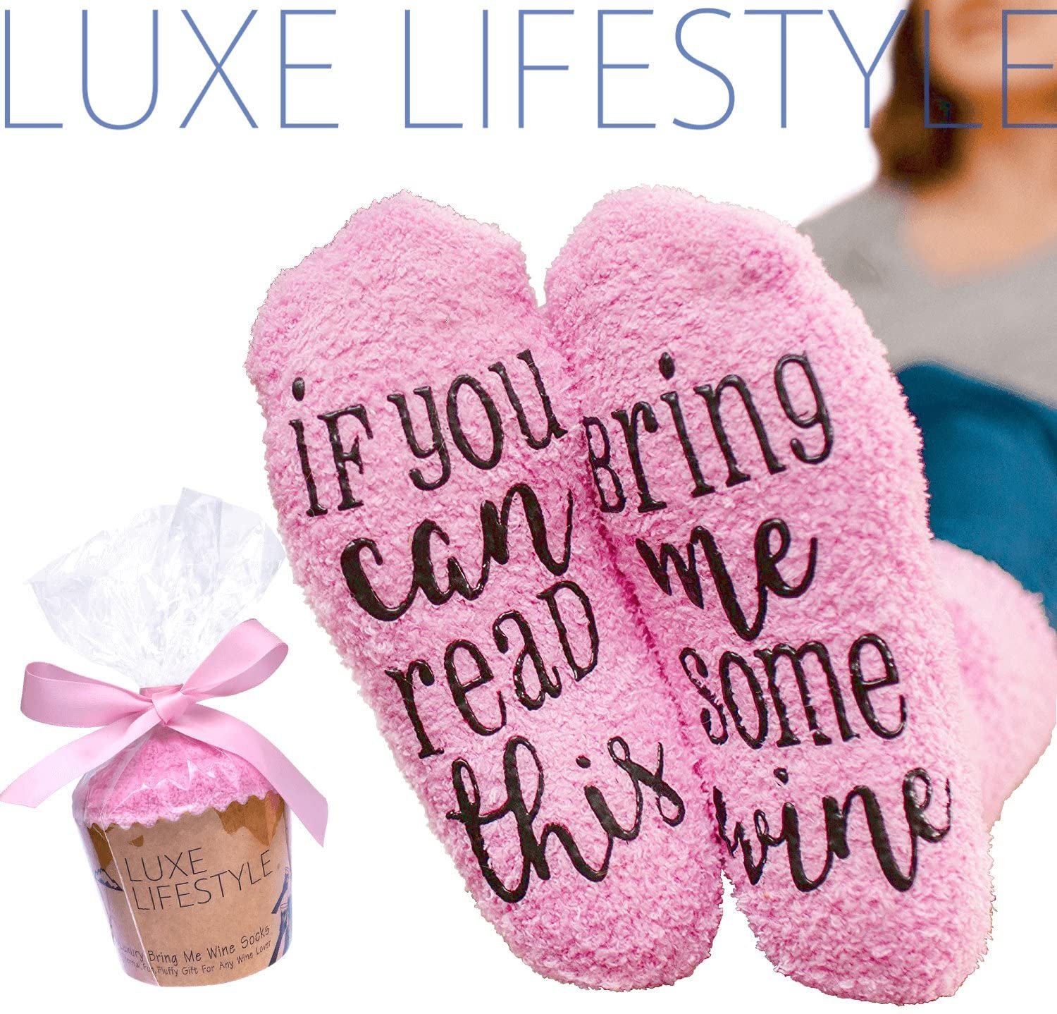 LUXE LIFESTYLE Gifts for Her - Funny “If You Can Read This Bring Me Some Wine!” Cupcake Socks - Birthday Gifts for Women