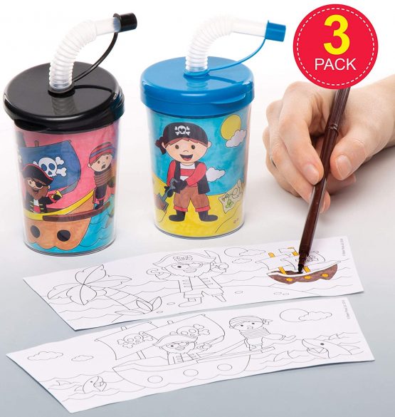Baker Ross AW619 Pirate Bendy Straw Travel Cup, Colour in Projects for Arts and Crafts Activities for Kids (Pack of 3), Assorted, 3 Count (Pack of 1) - Image 2