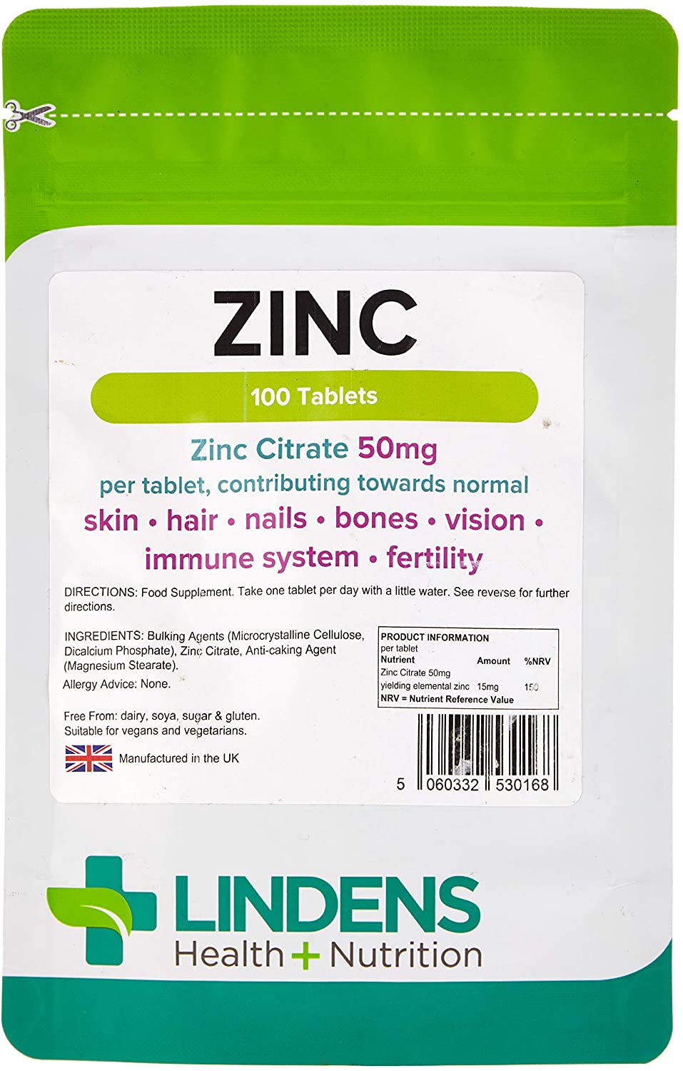 Lindens Zinc Citrate 50mg, 100 Vegan Tablets, Immune Function, Fertility, Healthy Bones, Vision, Hair, Nails and Skin