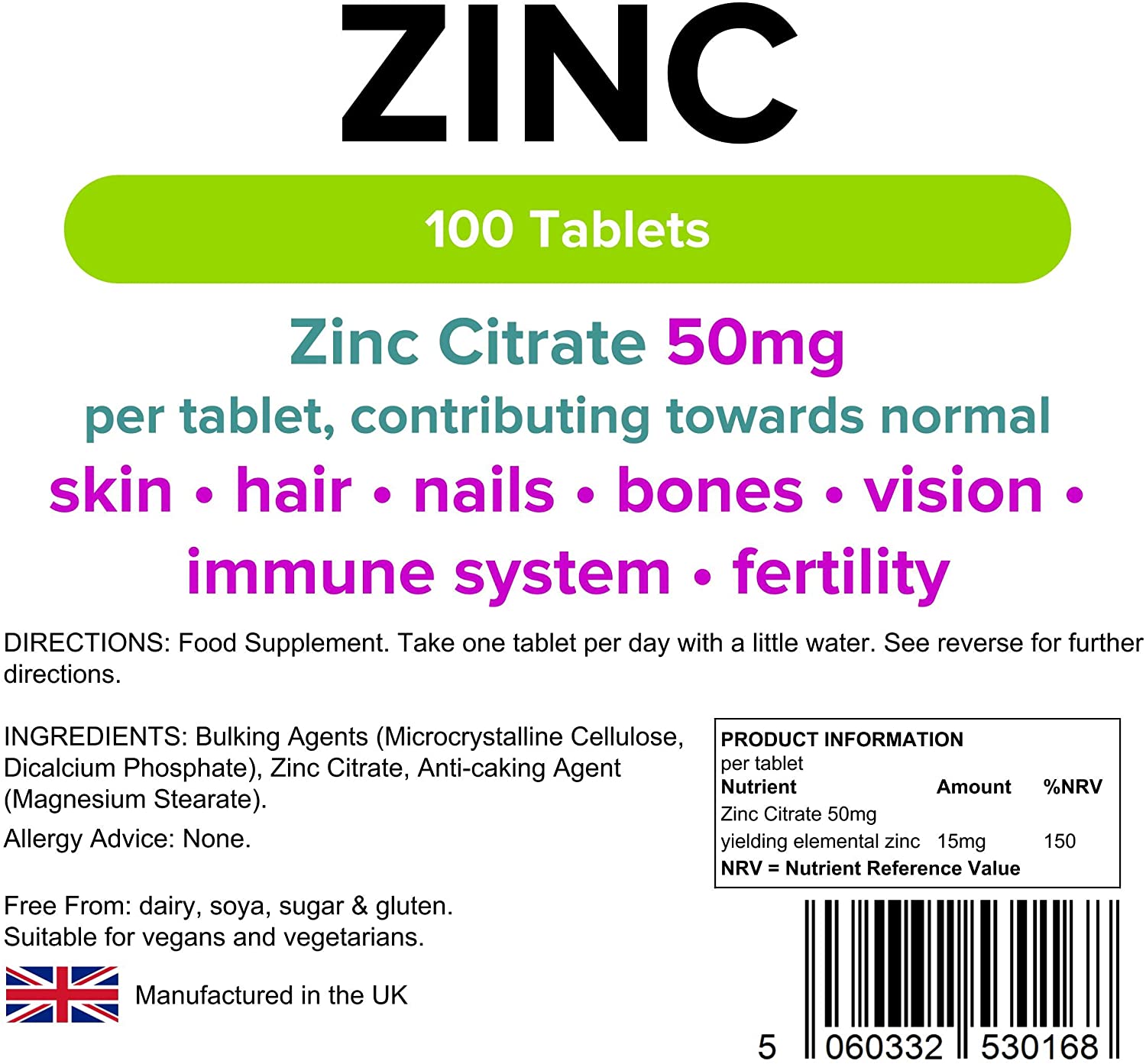 Lindens Zinc Citrate 50mg, 100 Vegan Tablets, Immune Function, Fertility, Healthy Bones, Vision, Hair, Nails and Skin - Image 3