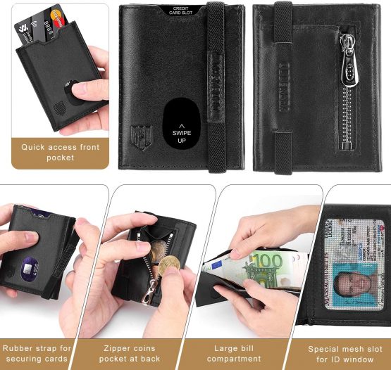 DODENSHA Mens Leather Wallet Mens Slim Card Holder Wallet RFID Blocking Wallets Trifold Wallets for Men with Zip Coin Pocket, 1 Banknote Compartment, 6 Card Slots, ID Window, Elastic Strap (Black） - Image 3