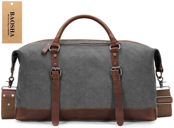 BAOSHA HB-14 Canvas PU Leather Travel Tote Duffel Bag Carry on Bag Weekender Overnight Bag (Gray) - Image 2