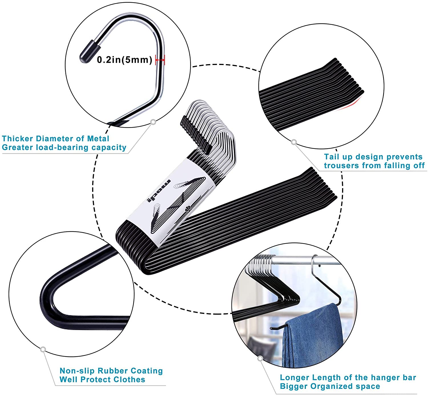 Ipow Heavy Duty Metal Slacks/Trousers Hangers Open Ended Pants Easy Slide Organizers, Chrome and Black Friction - Image 3