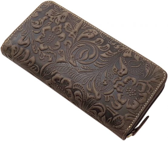 Large Leather Women´s Purse with Beautiful Liana Pattern with Zipper with RFID & NFC Blocking (Brown)