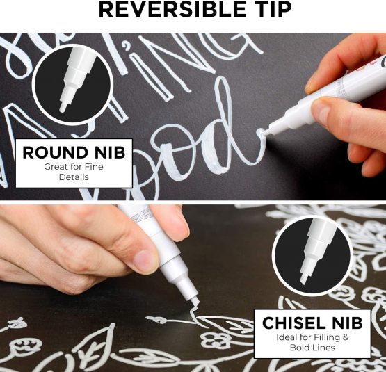 Fine Tip White Chalk Pens - Pack of 4 Chalk Markers - Use on Chalkboard, Windows, Blackboard, Signs, Glass, Bistro - Water Based Wet Wipe erasable Pen - 3mm Reversible Bullet & Chisel Tip - Image 2