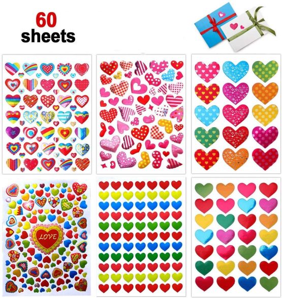 Love Heart Stickers, 60 Sheets Colorful Heart Decorative Stickers for Valentine's Day, Anniversaries, Wedding (Colorful)