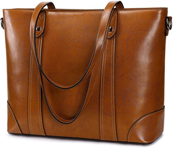 S-ZONE 15.6" Leather Laptop Bag for Women Shoulder Bag Large Work Tote with Padded Compartment