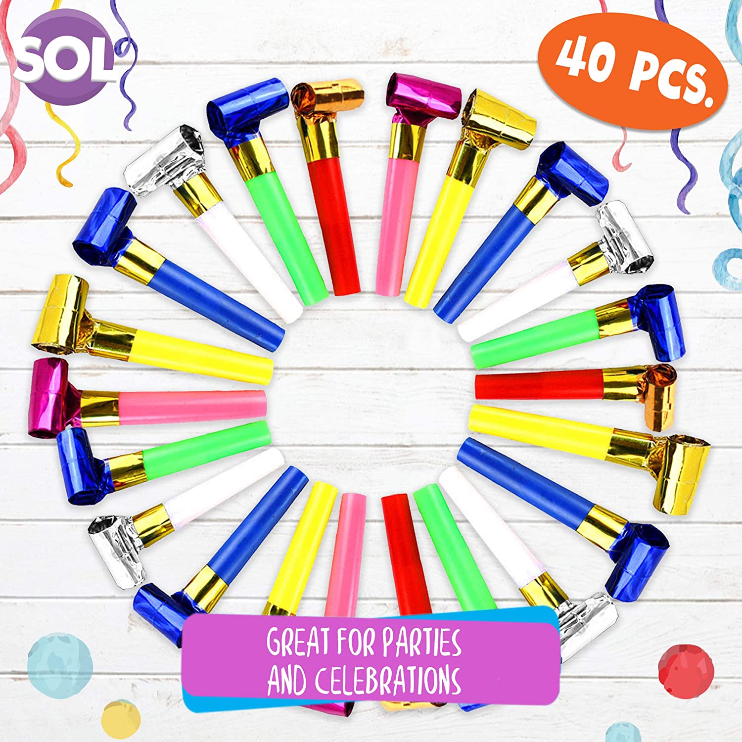 SOL 40pk Party Blowers for Party Bags Fillers for Kids Assorted Colours Party Blowers - Image 3