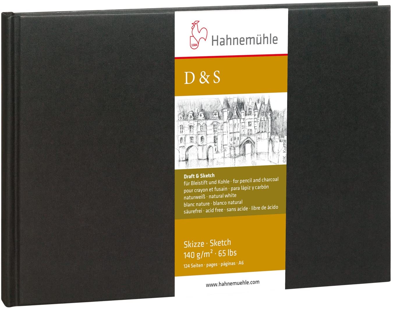 Hahnemuhle Sketch Book D&S, 140gsm Book, Black with stitched binding, A6 Landscape