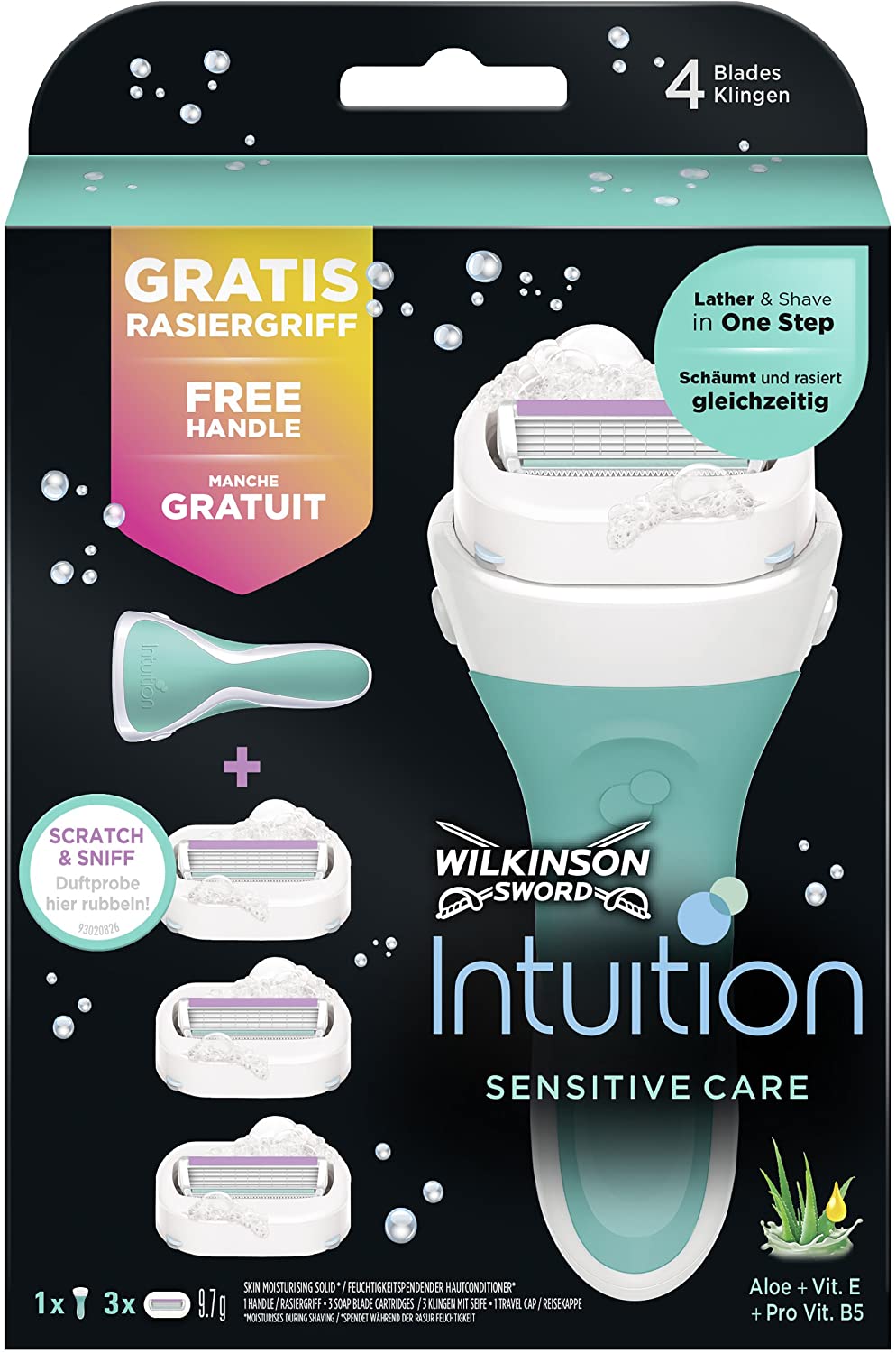 Wilkinson Sword Intuition Sensitive 4-Blade Razor for Men Sensitive Care, Box (3 razors), Black, 3 count (Pack of 1)