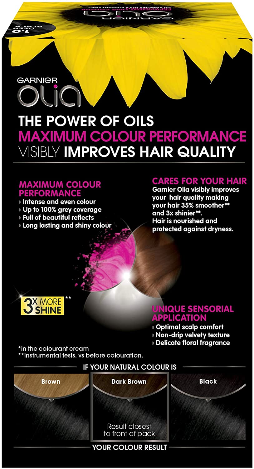 Garnier Olia Black Permanent Hair Dye, Up to 100% Grey Hair Coverage, No Ammonia, 60% Oils - 1.0 Deep Black - Image 2