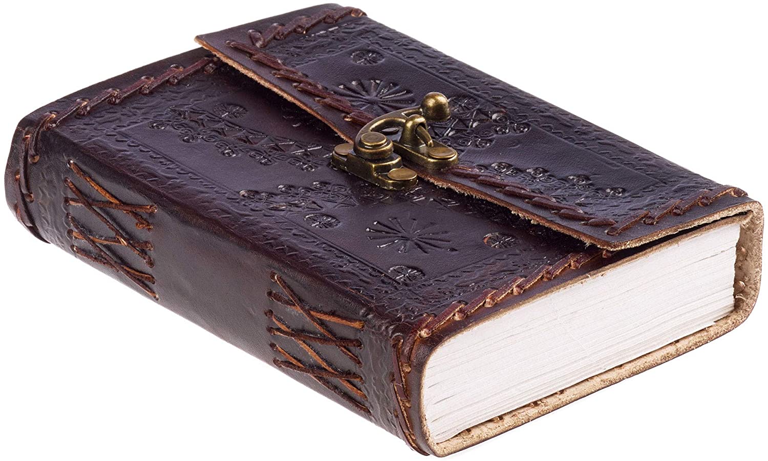 Stitched and Embossed Leather Journal with Clasp, brown - Image 3