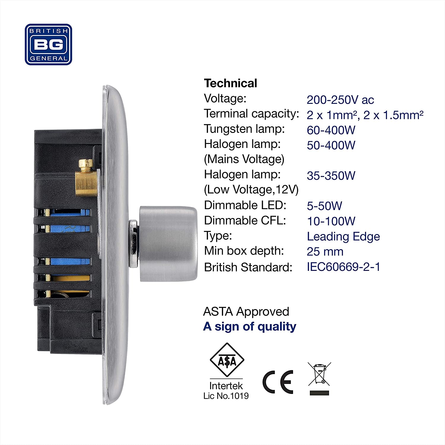 BG Electrical Intelligent Double Wall Dimmer Switch, 2 Way, Raised Profile, Round Edges, Nexus Metal, Brushed Steel, 200W, NBS82 - Image 2