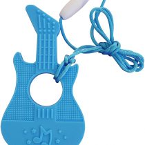 Music Guitar Silicone Teether Soother Teething Sensory Chewy Chewelry BPA Free with Chord and Breakaway Clasp, 7 Colours (Blue)