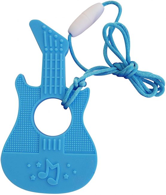 Music Guitar Silicone Teether Soother Teething Sensory Chewy Chewelry BPA Free with Chord and Breakaway Clasp, 7 Colours (Blue)