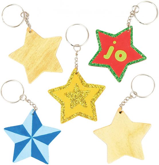 Baker Ross AV609 Wooden Star Keyring Kit, For Kids to Assemble and Attach to Key Rings and Bags (Pack of 8), Wood, 6cm