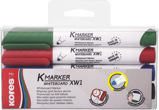 Kores - K-Marker XW1: Coloured Whiteboard Marker Pens with Round Tip, Dry Wipe and Low-Odour Ink, School and Office Supplies, Set of 4 Assorted Colours