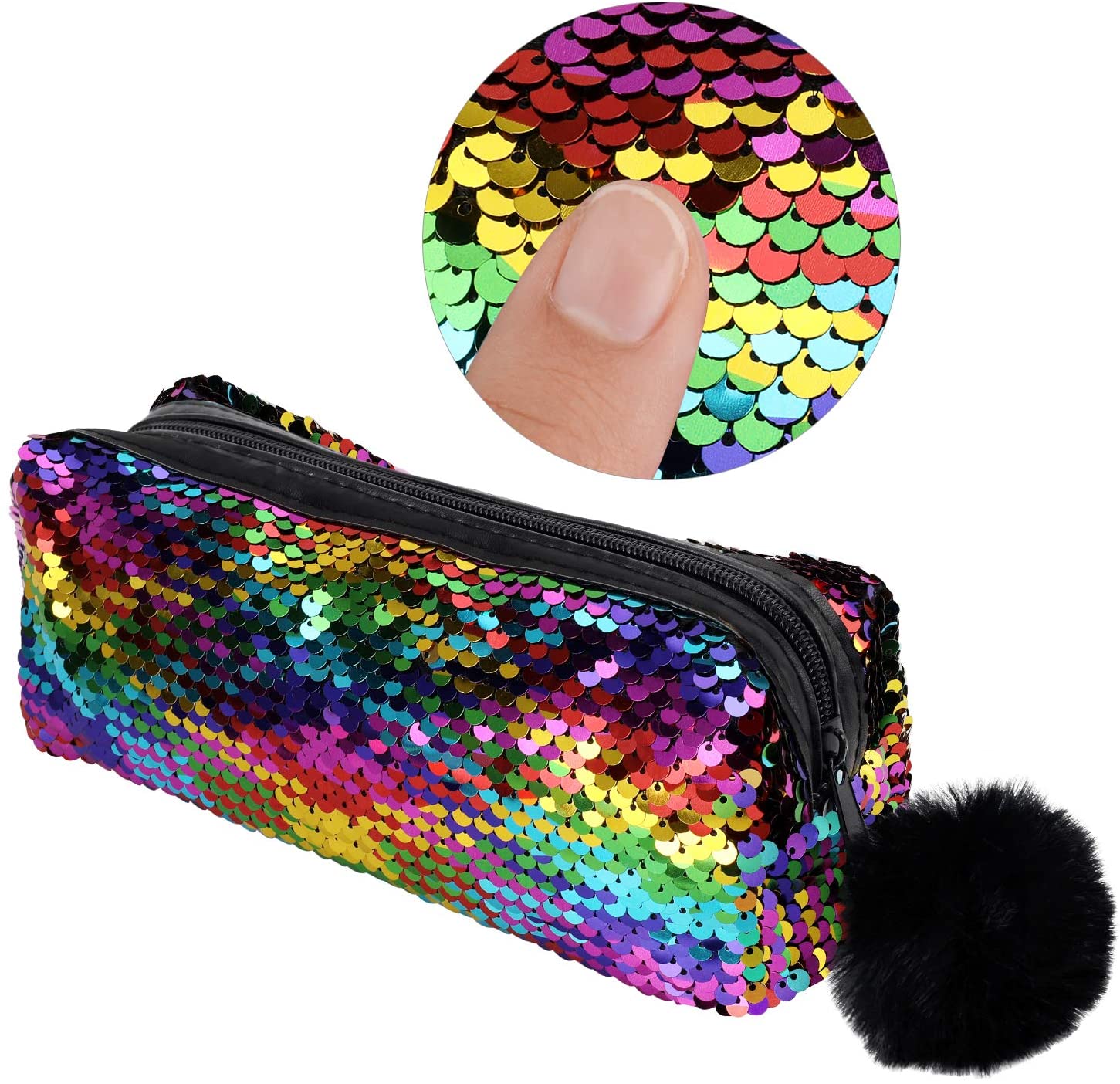 PHOGARY Mermaid Sequins Pencil Case for Girls Secondary School Pencil Bags with Fluffy Zipper - Image 3