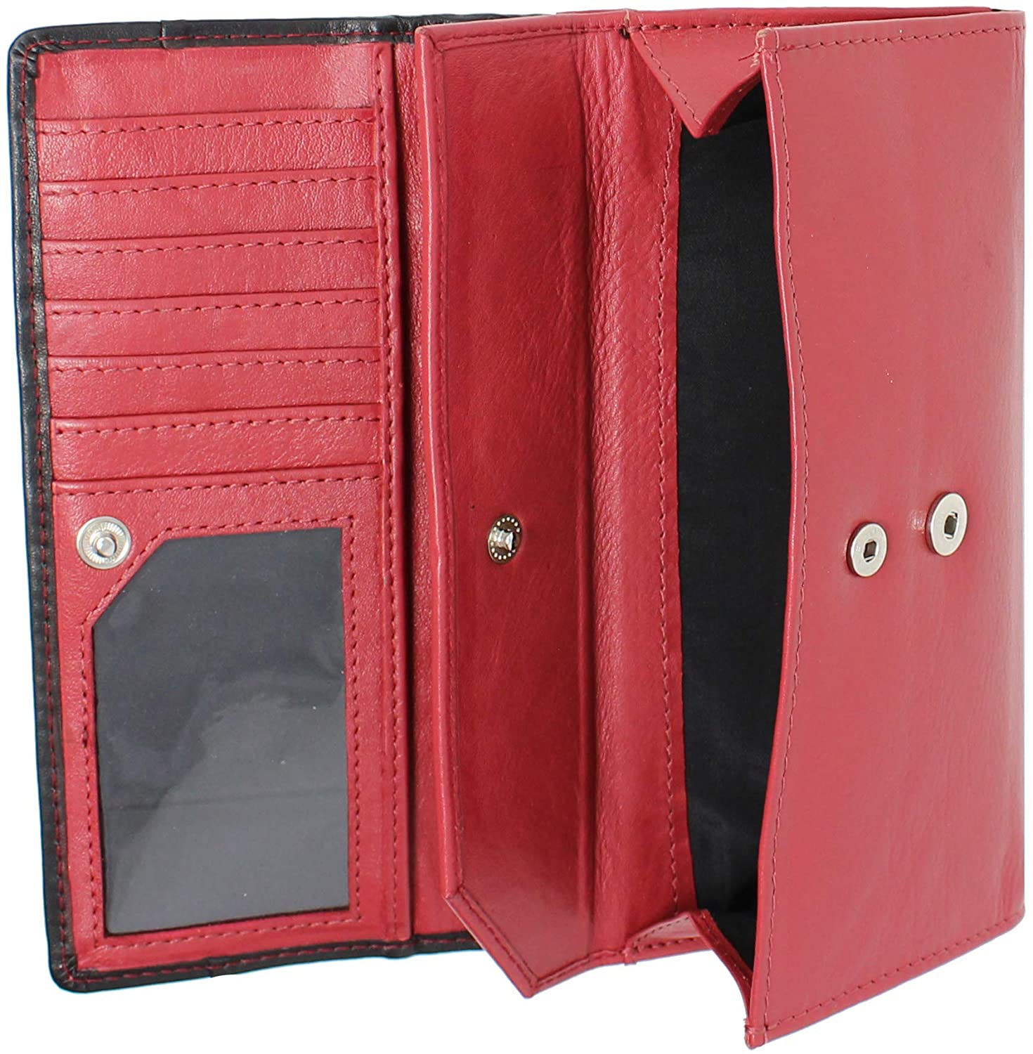 STARHIDE Ladies Purse Women RFID Blocking Genuine Leather Flap Over Long Clutch Wallet 5560 (Red Black), Black Red - Image 4