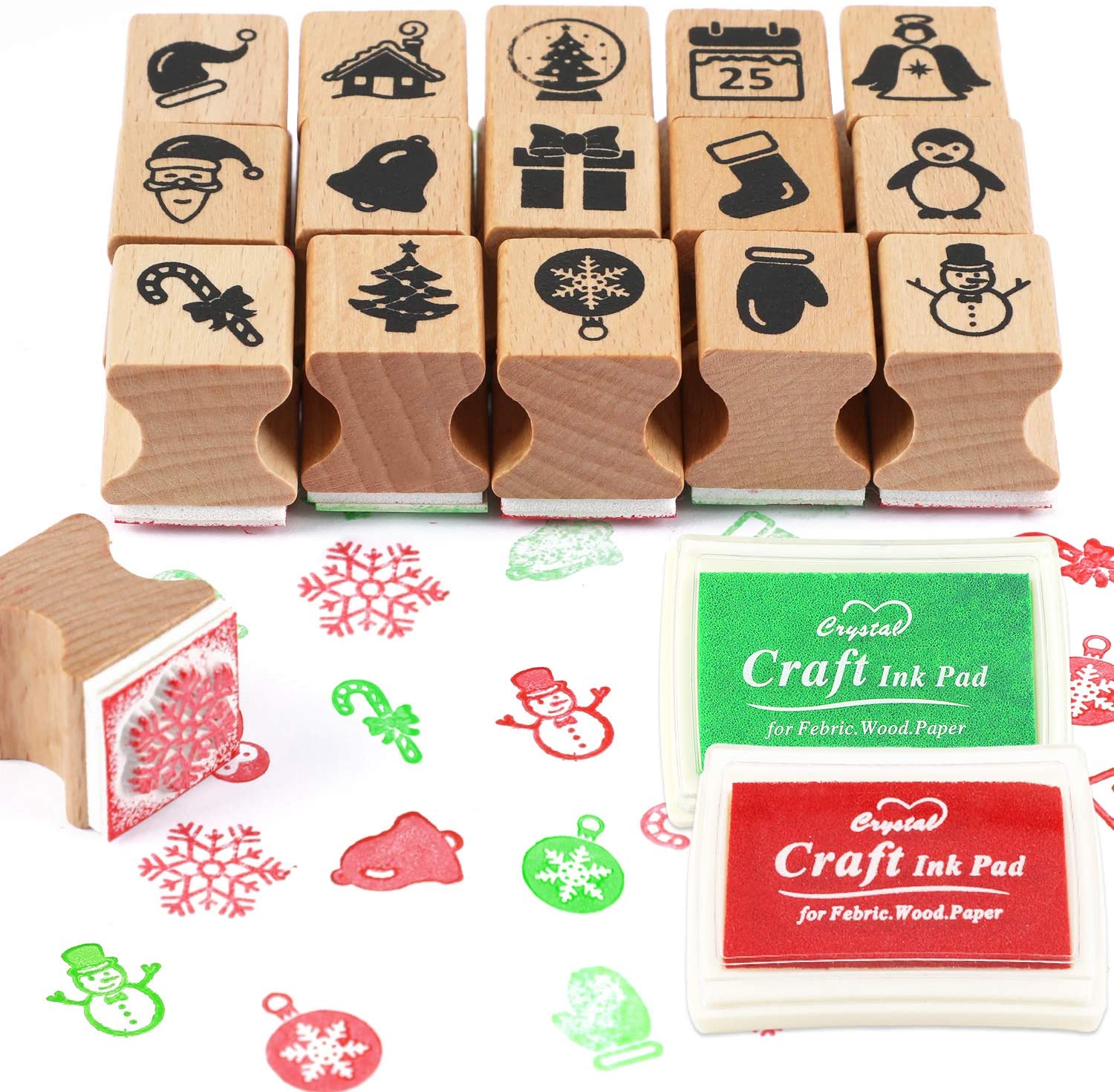 HOWAF Wooden Christmas Stamps Set including Ink Pad for Crafting Card Making Christmas Stamps Pack for Children Xmas DIY Painting Scrapbooks Christmas Party Bag Fillers Favor Decoration Supplies