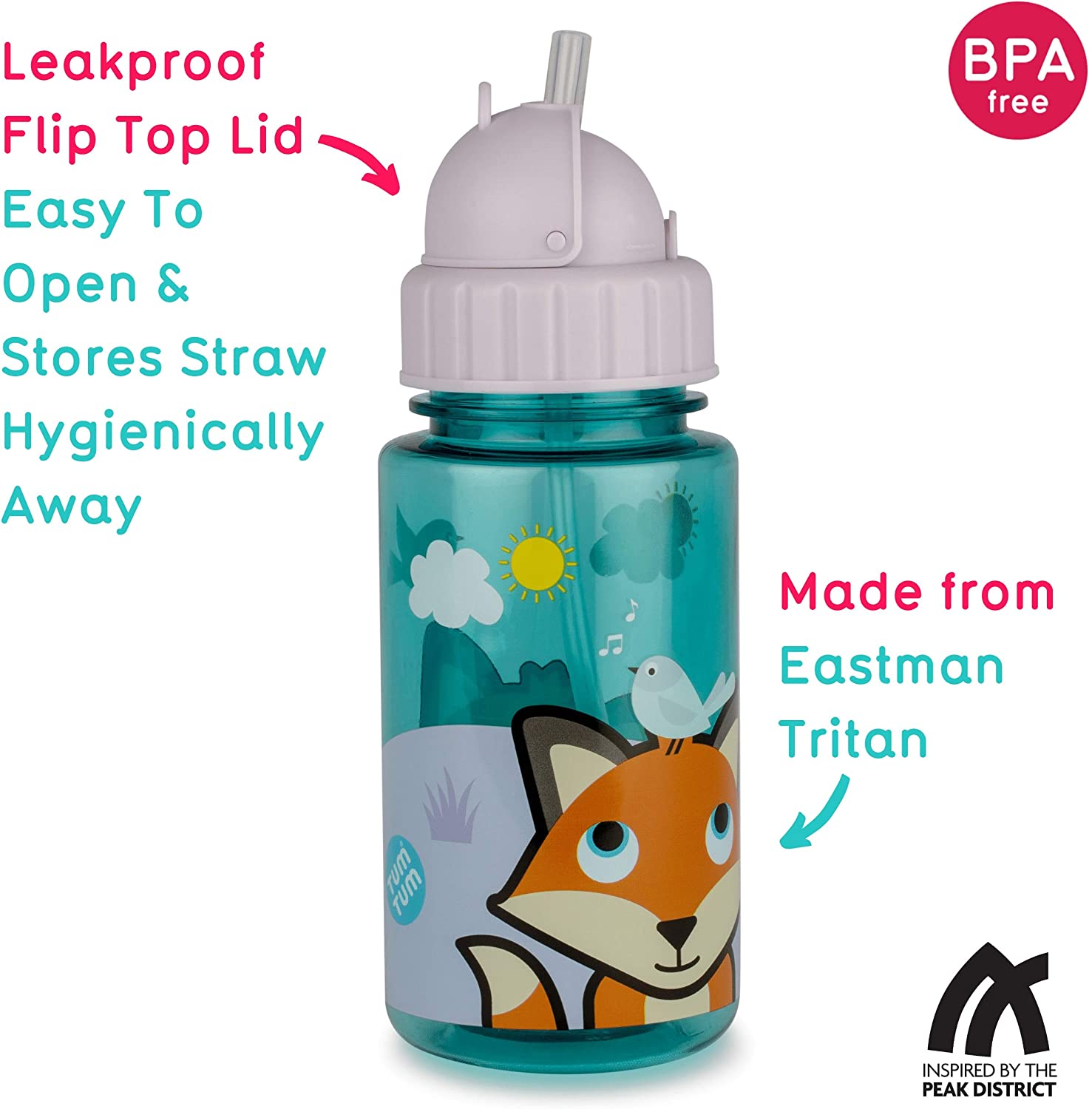 TUM TUM Flip Top Kids Water Bottle with Straw, Tritan Toddler Water Bottle, 400ml, BPA Free, Felicity Fox - Image 2