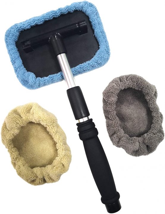 POLYTE Pivoting Windshield Glass Cleaning Tool Extendable Aluminum Handle w/3 Premium Microfibre Covers