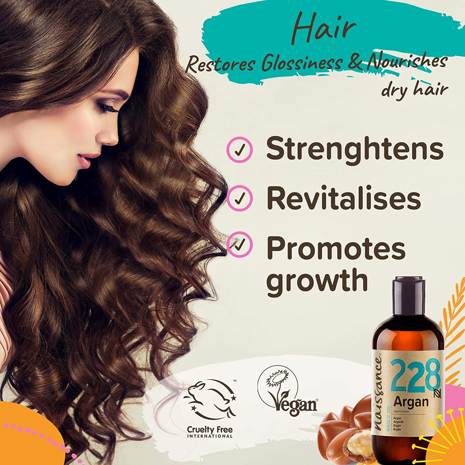 Naissance Argan Oil (No. 228) 225ml, Natural Growth Hair Mask, Anti-Ageing, Antioxidant, Moisturiser for Face Skin - Image 2