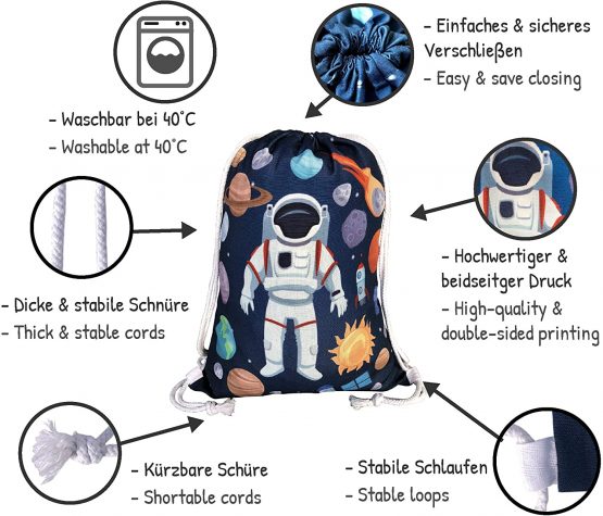 HECKBO children gym bag with astronaut space motifs unisex | 12.6" x 15.8" | kindergarten, crib, travel, sports | suitable as gym bag, backpack, play bag, sports bag, shoe bag - for girls and boys - Image 3