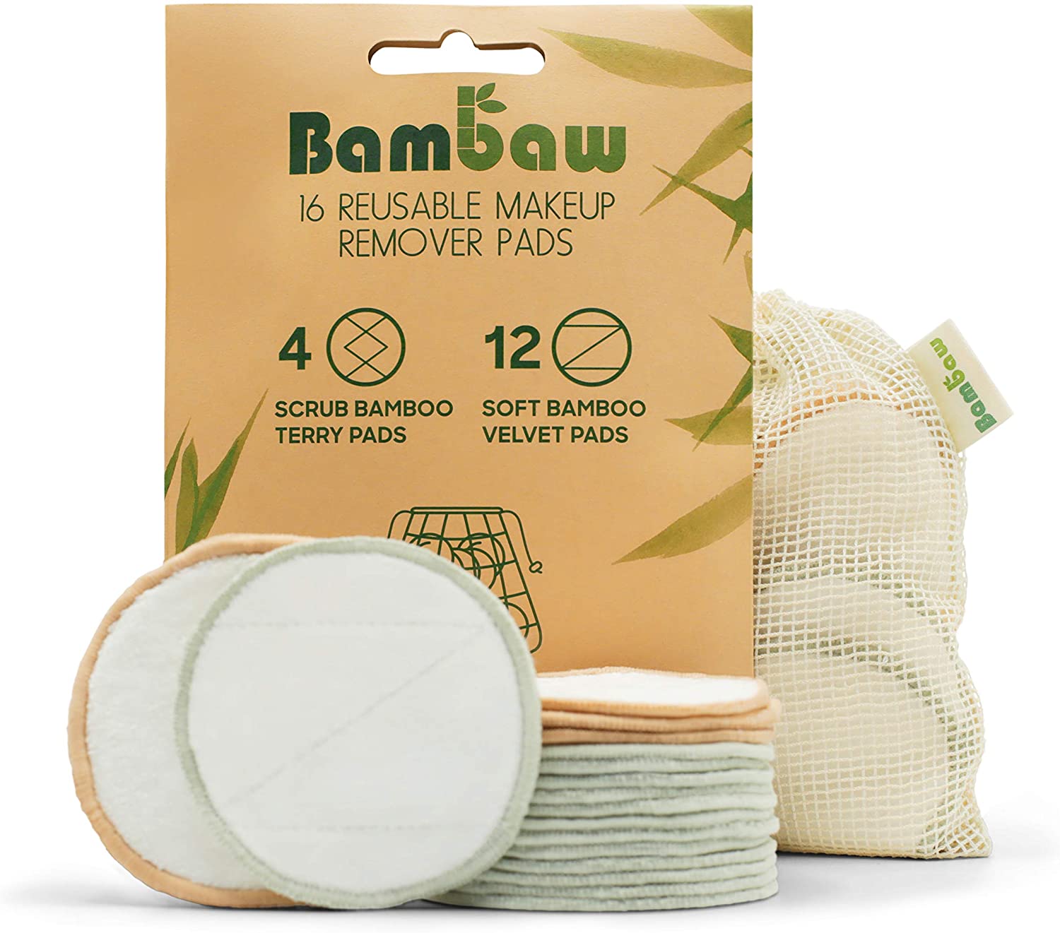 Washable Make-up Pads, 16 Reusable Cotton Pads Made of Bamboo and Cotton with Laundry Bag, Washable Pads, Cotton Pads
