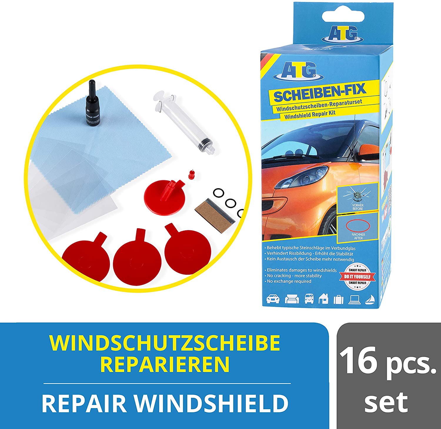ATG® Windscreen Repair Kit with Resin, Windscreen Chip Repair Kit, Windshield Repair Kit for Car Glass