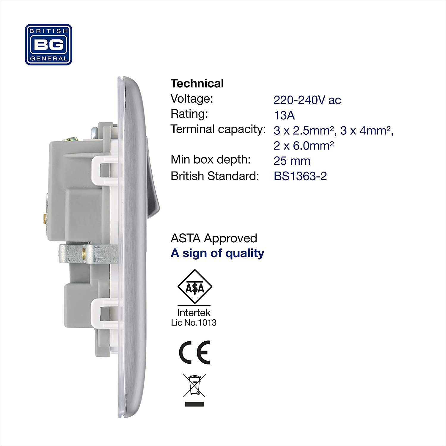 BG Electrical Double Switched Power Plug Wall Socket, Nexus Metal, Brushed Steel, White Inserts, 13A, NBS22W - Image 2
