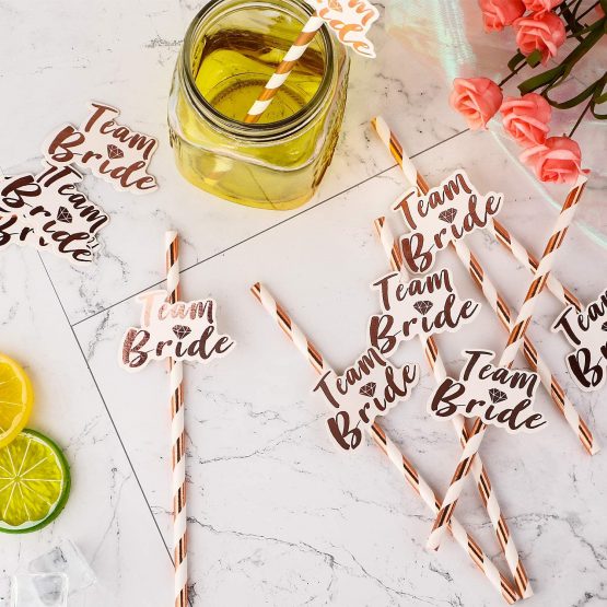 48 Pieces Rose Gold Hen Party Paper Straws with Team Bride Flags Team Bride Straws Hen Party Straws Rose Gold Straw Bridal Shower Paper Straws Bachelorette Accessories Bridal Party Tableware - Image 3