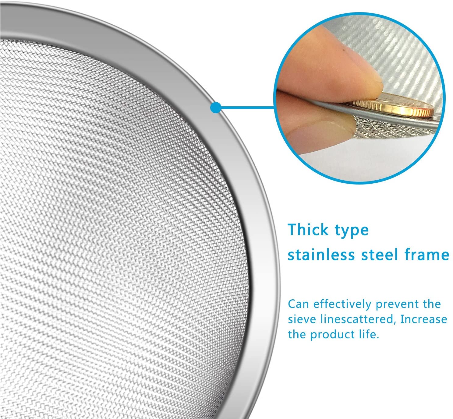 Wellehomi Fine Wire Mesh Kitchen Sieve Set 7,12,18cm with Rim, Upgraded Verison Stainless Steel Food Strainer & Sieve - Image 3
