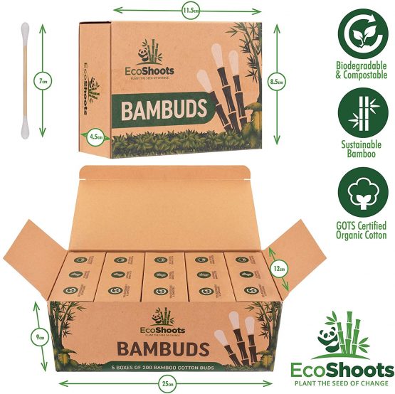 EcoShoots 1000 Bamboo Cotton Buds | Value Pack of 5x200 Organic Bambuds | Recycled Plastic Free Packaging | GOTS Certified Organic Bamboo Earbuds | Biodegradable & Compostable - Image 4