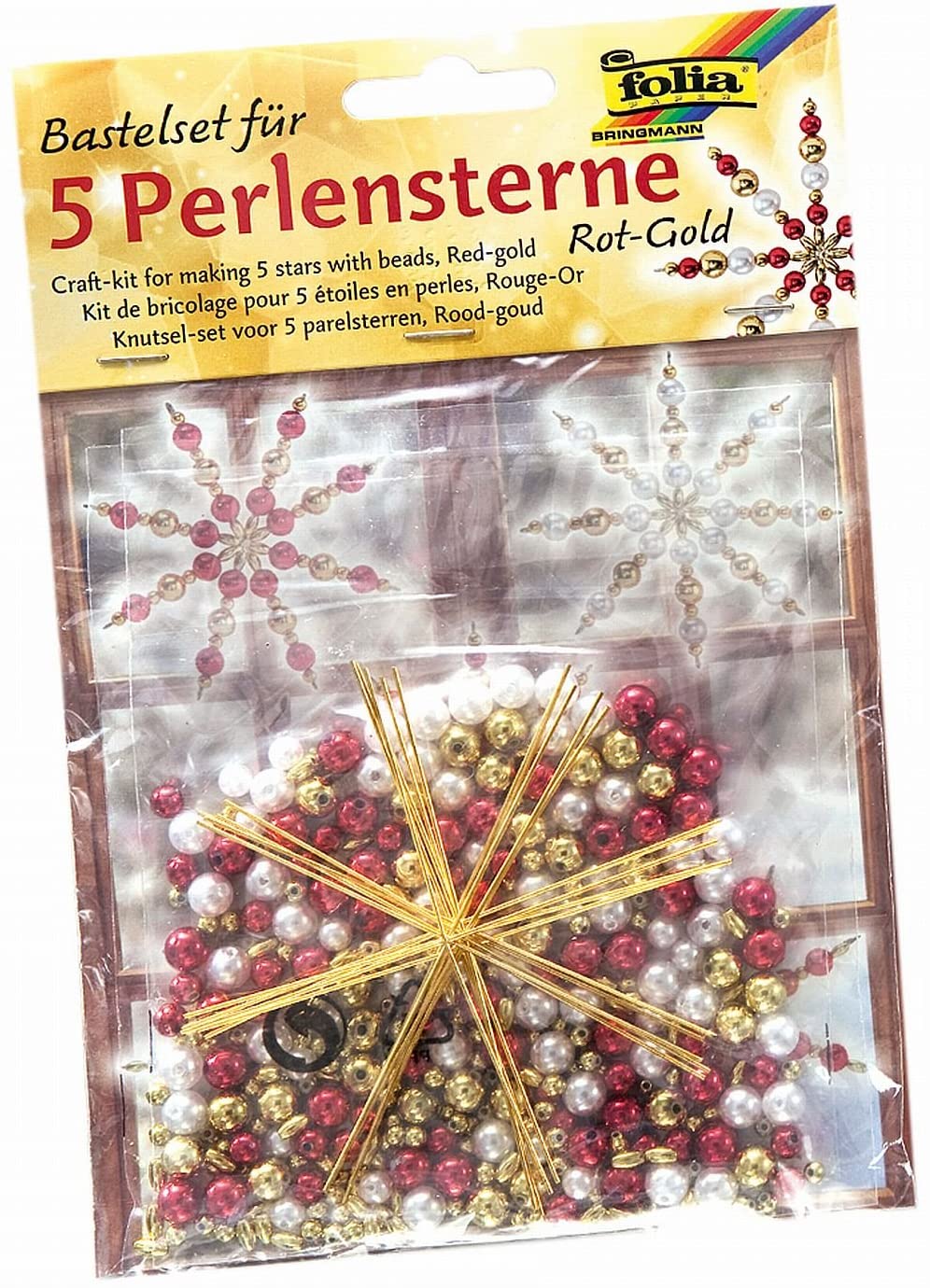folia Craft Set for 5 Pearl Stars Ideal as Homemade Decoration for Christmas, Red / Gold / Pearl White