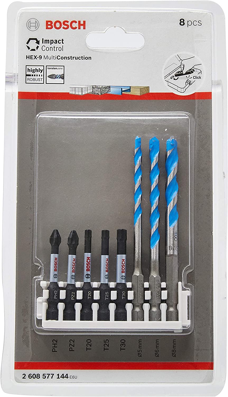 Bosch 8X PRO Impact Set including Multiconstruction Drill Bit and Pick and Click Index (for Concrete Soft Tiles, 215 x 120 mm