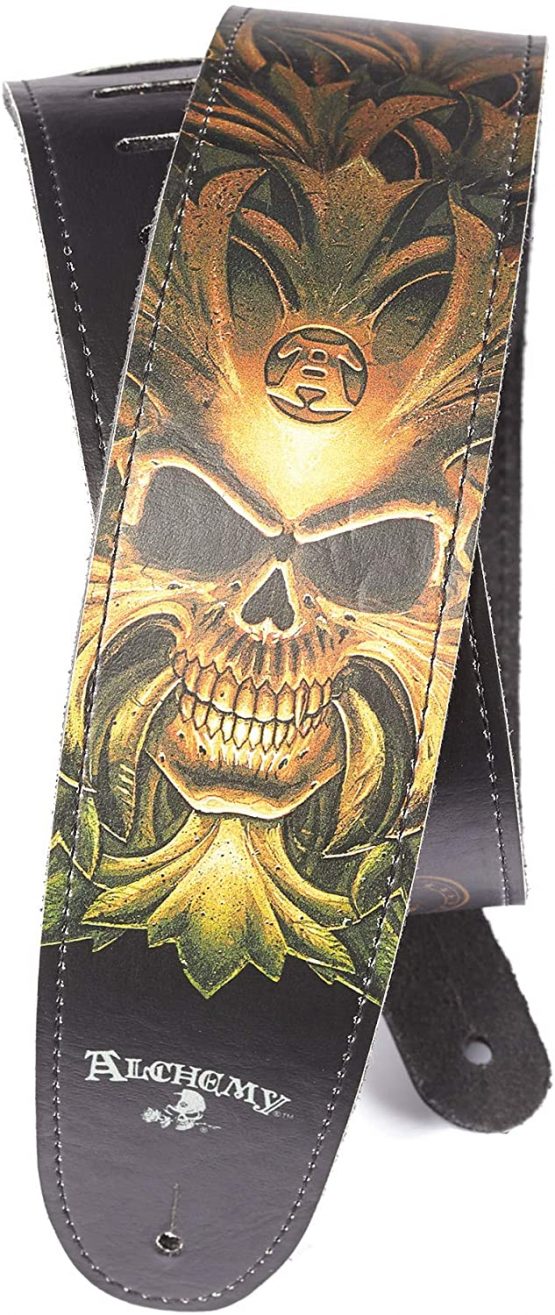D'Addario Accessories Leather Guitar Strap - Guitar Accessories - Electric Guitar Strap, Acoustic Guitar Strap, Acoustic Electric Guitar Strap & Bass Guitar Strap - Alchemy - Green Skull