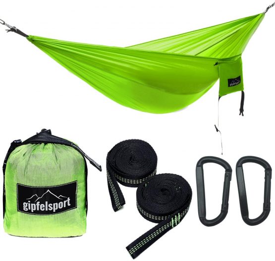 gipfelsport Hammock- Ultralight parachute silk hammock | for up to 2 persons up to 300kg | for indoor and outdoor | Travel hammock with 2x straps or 2x ropes